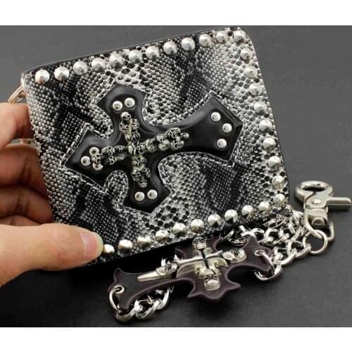 Punk Skull Cross Chain Leather Biker Wallet Purse Mens Hip Hop With Metal KeyChain