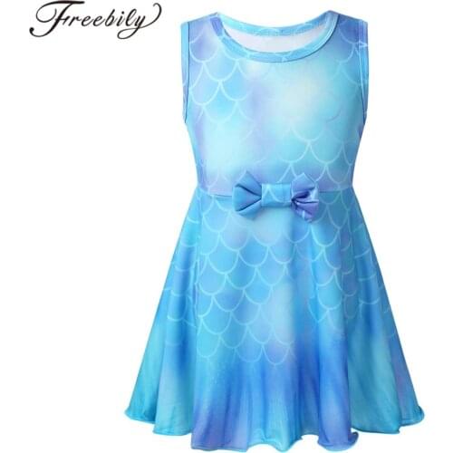 Summer Kids Girls Mermaid Dress High Waist Sleeveless Glossy Fish Scales Printed Princess Dress Halloween Performace Costume