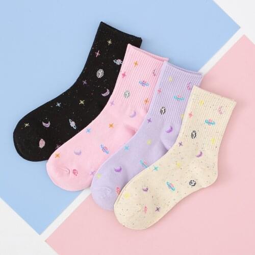 Summer Socks Women Cartoon Planet Moon Printed Funny Frilly Socks Korean Style Sweet Casual Kawaii Cotton Sock femme chaussettes