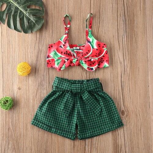 Summer 0-4Y Kids Girls Clothes Sets Watermelon Printed Strapless Bow Vest Tops Plaid Shorts 2pcs
