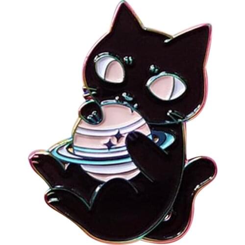 Rainbow metal cosmic black cat soft enamel pin planet-namming cat cute destroyer of worlds