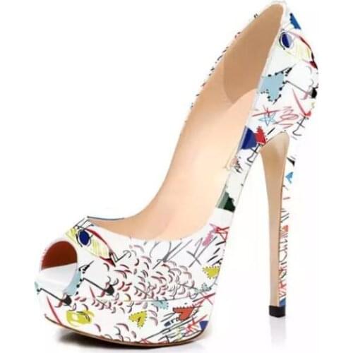 Moraima Snc Peep Toe Platform Pumps Printed Leather High Heel Shoes Woman Summer Slip on Party Dress Shoes 14cm Clubwear Heels