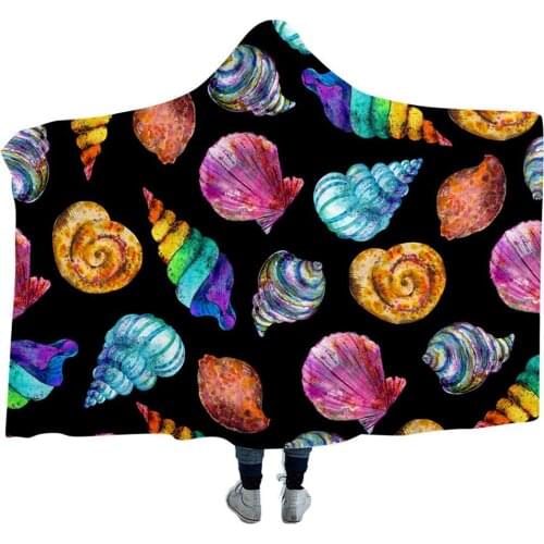 Wearable Hooded Throw Blanket 3d Shell Print Ocean Plush Throw Blanket Summer Beach Sherpa Warm Blanket for Sofa Bed Office Home