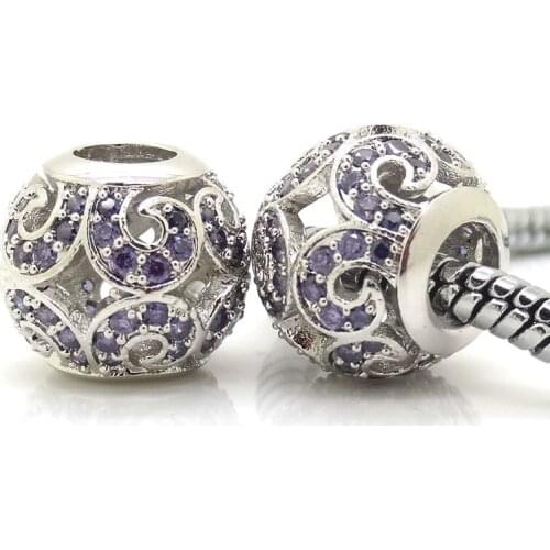 Fits Pandora & Chamilia Bracelets DIY Jewelry Silver Color Beads Openwork Pave Waves With Purple CZ Charms