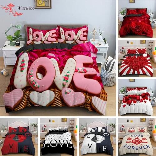 Romantic Valentines Day Couple Bedding Set King Queen Love Heart Duvet Cover Rose Flower Quilt Covers Double Bed Sets Euro Size