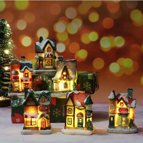 Mini Christmas Resin Village House Sculpture LED Glowing Village Figurines Christmas Pendant Ornament New Year Kids Gifts