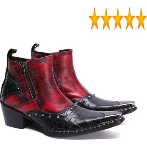 Pointed Fashion Mens Block Heels Toe Rivets Knight Genuine Leather Patchwork Metal Bikers High Top Ankle Boots Plus Size