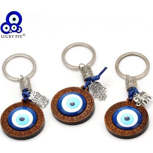 Lucky Eye Keychain Wood Turkish Blue Evil Eye Pendant Hamsa Hand Elephant Owl Charm Key Chain Jewelry for Women Men Car EY6296
