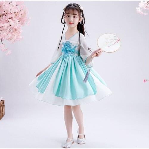3-12TKids Summer Chiffon Dress Chinese Hanfu Flower Embroidery Elegant Party Wedding Fancy Dresses Traditional Princess Vestidos