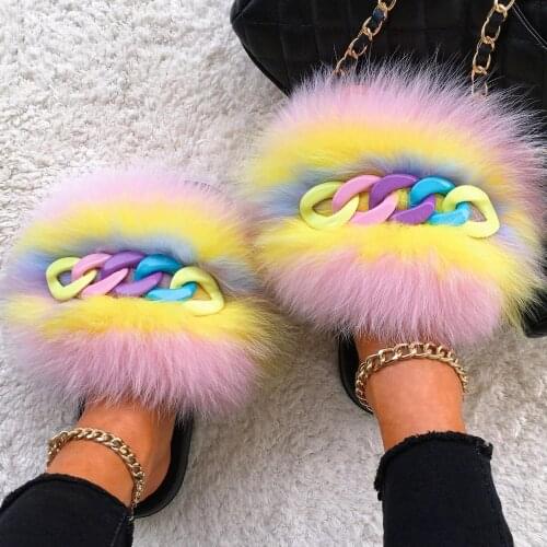 Women Furry Slides Shiny Chain Real Fur Slippers Summer Beach Fox Sandals Fluffy Flip Flops Plush House Slippers Female Shoes