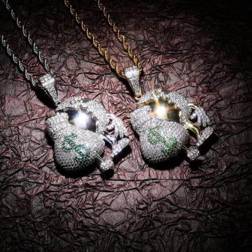 Hip Hop AAA+ Cubic Zirconia Paved Bling Iced Out Dollar Money Bag Cartoon Character Pendants Necklace for Men Rapper Jewelry