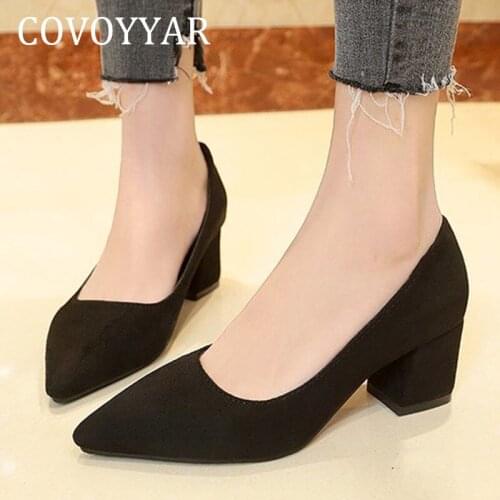 COVOYYAR Plus Size 43 Womens Pumps Thick High Heels Shoes Woman Classic Slip-on Pointed Toe Work Dress Lady Shoes WHH290