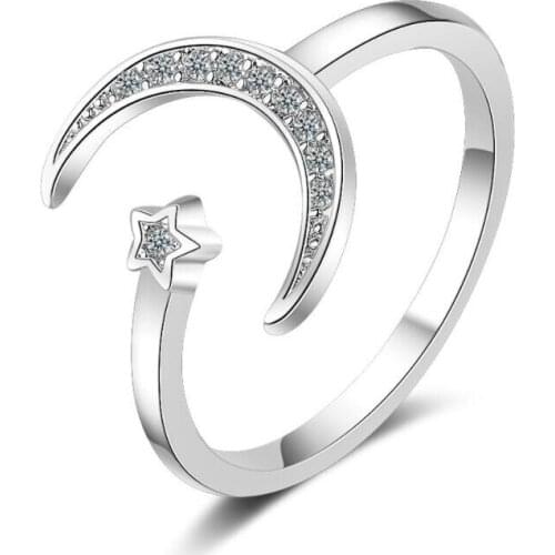 2018 New Fashon Silver Color Adjustable Crescent Moon and Tiny Star Rings For Women Hot New Fashion Women Cute Ring Adjustable
