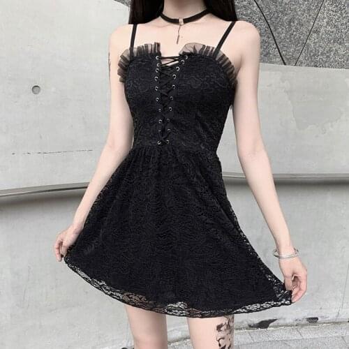 Gothic Lace Vintage Dress Spaghetti Straps Sexy Black Mini Dress Women Goth Punk Streetwear Pleated Hollow Out Summer Dresses