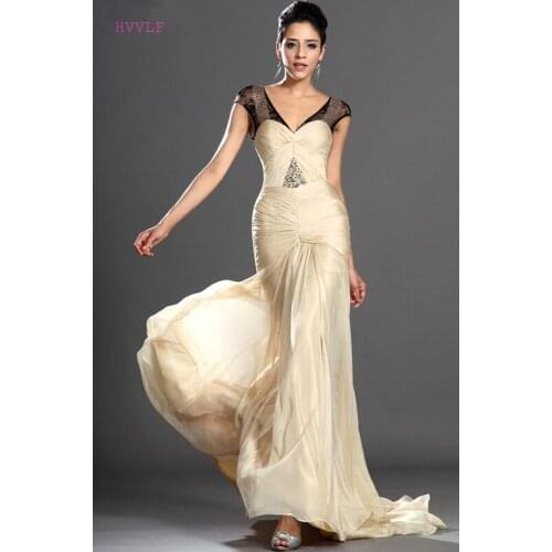 Champagne Evening Dresses Mermaid V-neck Cap Sleeve Chiffon Sequins Plus Size Long Evening Gown Prom Dresses Robe De Soiree