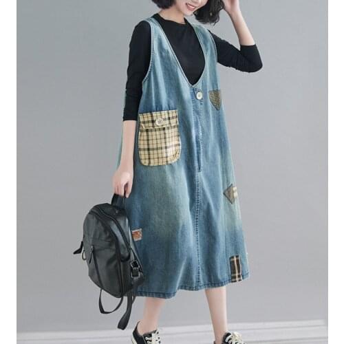 Plus Size Women Spring Summer V Neck Tank Denim Dress Patchwork Plaid Loose Sleeveless Lady Jeans Dresses Clothes Vestidos Mujer