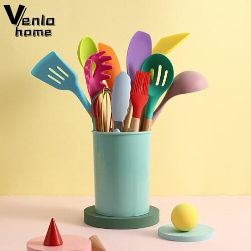 12Pc Colorful Silicone Cooking Tool Non-Stick Shovel Soup Utensils Set Spoon With Wooden Handle Kitchen Skimmer Egg Beater Brush