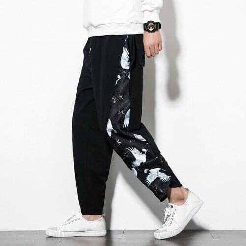 #8032 Summer Black Cotton Linen Pants Men Black Side Spliced Color Casual Vintage Loose Thin Retro Trousers Streetwear Plus Size