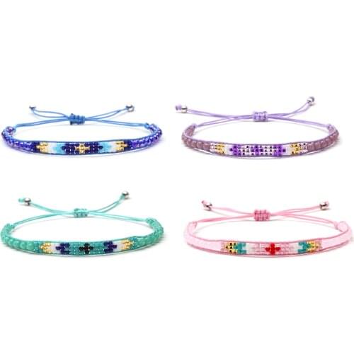 Boho Miyuki Glass Seed Beads Crystal Cross Single Wrap Bracelet Women Men Blue Pink Green White Waxed String Wioven Jewelry Gift
