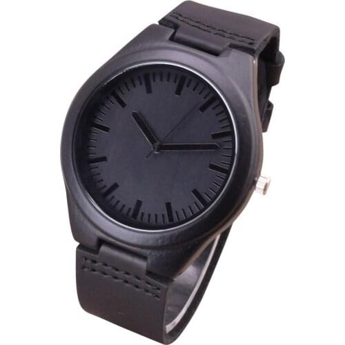 2018 Fashion Black Wood Watches With Real Leather Band Mens Top Brand Design Men Women Wooden Quartz Watches gift