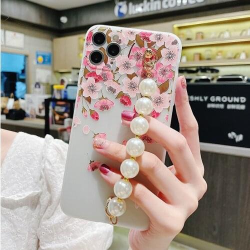 Wrist Chian Strap Phone Case for Huawei P40 Pro P40Lite P30 P20 Mate 30 20 Floral Soft Back Cover with White Pearl Bracelet Band