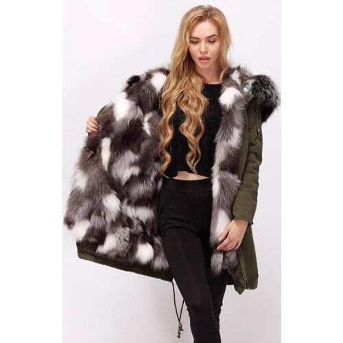 CNEGOVIK female Silver Fox Fur Lined cotton long Parka with racoon fur hood detachable high quality