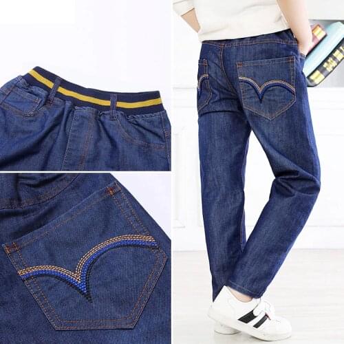 New Arrival Children Jeans Pants Kids Solid Color Denim Trousers Teenage School Boys Blue Pant Loose Elastic Waist 8 To 15Years