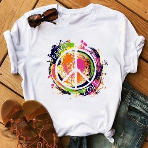 Peace Love T Shirt Summer Women Short Sleeve Leisure Top Tee Casual Ladies Female T Shirts Plus Size Woman Clothing