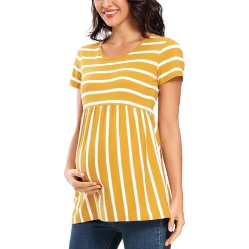 Gleeter Women Maternity Short Sleeves Tops Pregnant Summer T-Shirts Pregnancy Striped Tees Elegant Maternity Clothing
