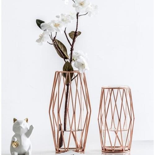 Ins Iron Art Glass Vase Gold Plated Flower Vases Europe Tabletop Vase Flower Pot Living Room Home Geometric Wedding Decoration