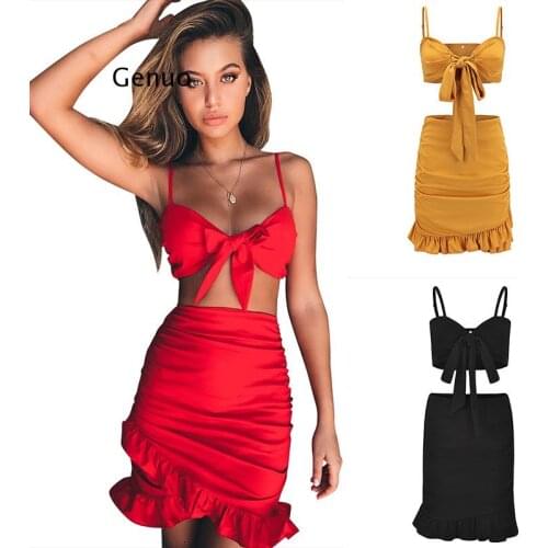 Two Pieces Set Women Ruffles Bow Casual Beach Summer Dress Red Off Shoulder Sexy Club Bodycon Wrap Mini Party Dress