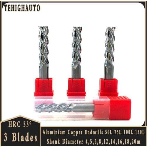 HRC55 3 Blades Milling Cutter 50L 75L 100L 150L Alloy Tungsten Steel End Mill Wood CNC Milling Tools Aluminium Copper Cutter Set