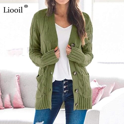Liooil Casual Knitted Sweatshirt Long Cardigan Women 2020 Long Sleeve V Neck Button Up With Pockets Female Winter Clothes Coats