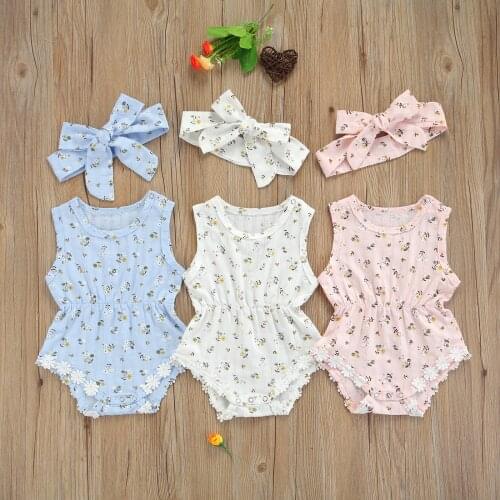 Cute Summer Newborn Baby Girls Clothes Floral Print Sleeveless Romper+Bow Hairband Sweet Style Little Baby Girls Clothing