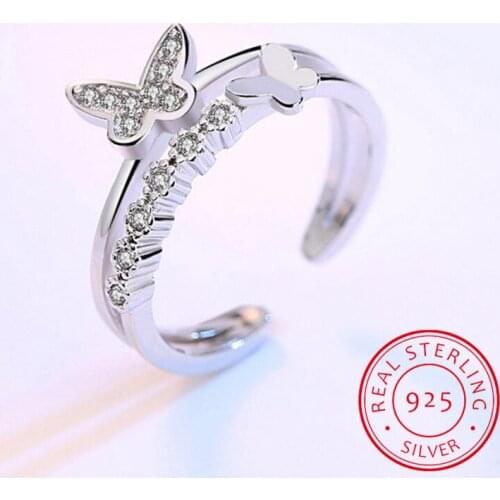 Real Pure 925 Sterling Silver Butterfly Wedding Rings for Women Adjustable Size Ring Fashion Sterling Silver Jewelry