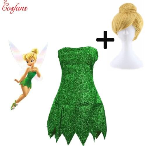2019 New Pixie Fairy Cosplay Costume Tinker Bell Green adult Dress Tinkerbell Halloween Party Sexy Cosplay Mini Dresses With Wig