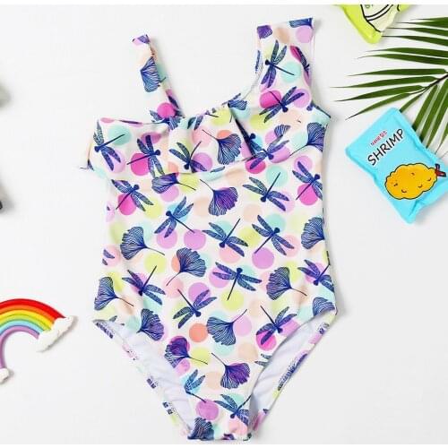 2019 New Girls Swimsuit Ruffle One Piece Sloping Shoulder Childrens Swimwear Bathing Suit For Kids Swimming Beachwear