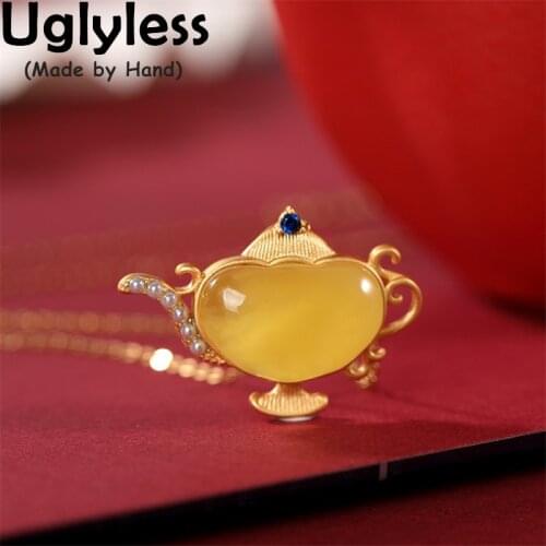 Uglyless Aladdins Magic Lamp Pendants for Women Amber Pendants NO Chains 925 Silver Pots Jewelry Jade Teapot Necklaces + Chain