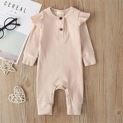 Puddcoco Newborn Baby Boy Girl Clothes Solid Color Long Sleeve Knitted Cotton Button Romper Jumpsuit One-Piece Outfit Playsuit