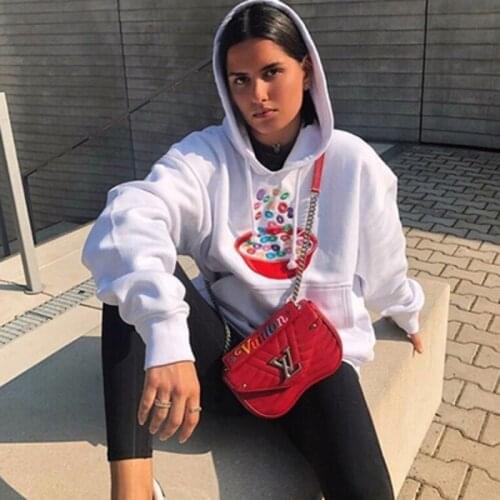 Retro High Street Park Sweatshirt Women White Hooded Warm Cute Sweet Kawaii Donut Embroidered Oversized Top Women sweatshirt