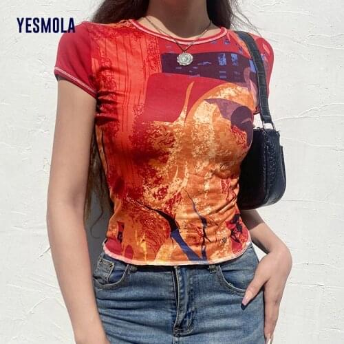 YESMOLA Women T-shirts Y2k T-shirts Vintage Aesthetic Girl O Neck Short Sleeve Summer Tops Harajuku Women Basic Tees Corset Top