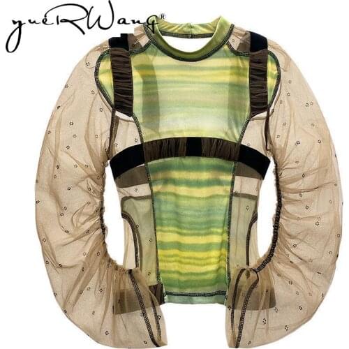 Yuerwang Women t shirt Mesh t shirt Irregular Women Shirts Arc Perspective Sleeve Spliced Ladies Top Hollow Out Sexy Women Tops