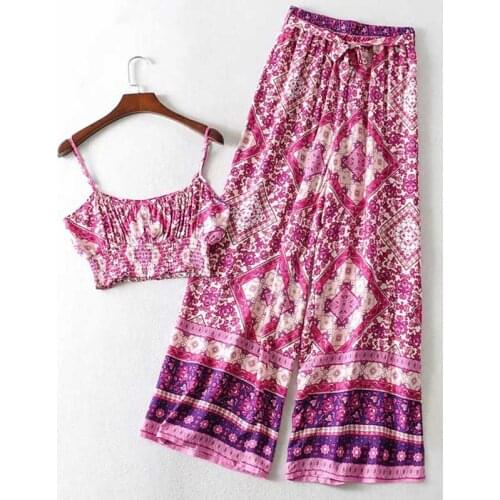 Super Chic Floral Print 2 Piece Set bohemian sleevless Tops Elastic long Pants Summer Beach Boho two piece outfits for women
