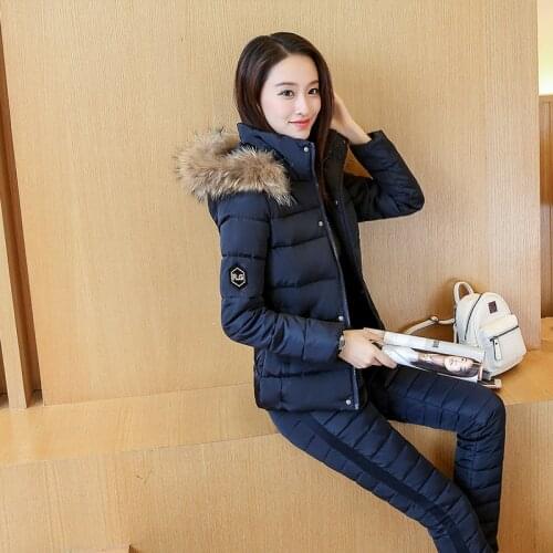 Womens Padded suit 2018 Hooded Fur collar Coat Warm Casual Pants Two piece Set Female Outerwear Winter Down Cotton Jacket Suit