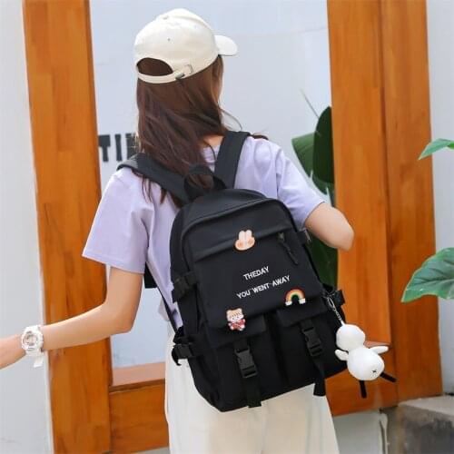 Harajuku Style Solid Color Womens Backpack Cute Badge Student School Bag Canvas Large Capacity Travel School Backpack