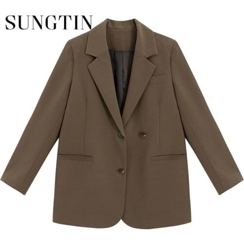 Sungtin Vintage Office Lady Blazer Women Korean Single Breasted Loose Elegant Blazer Coats Solid Casual Jacket Suit Work OL Chic
