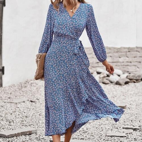 Long Bandage Dress for Women 2021 Elegant V Neck Long Sleeve Hight Waist Maxi Dresses Floral Party Dresses Vestido Floral