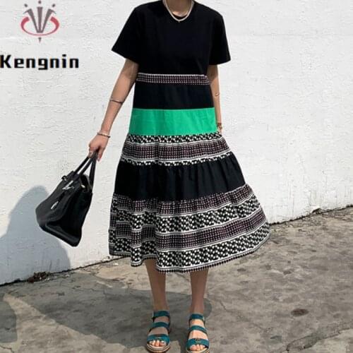 Plus Size 5XL Womens Dress 2021 Summer Fake Two Piece Ladies T-Shirt Dress Knitted Patchwork Print Female Robe Dress KE1063