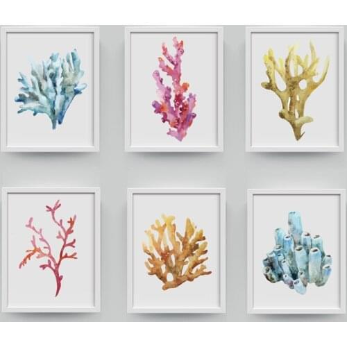 Watercolor Corals Art Print Wall Pictures Home Decor Coral Poster Wall Art Hanging Bathroom Canvas Painting Nautical Decoration