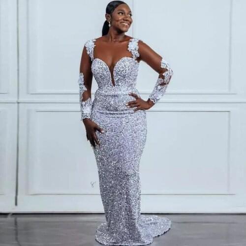 Sequined Prom Dresses Sweerheart Illusion Long Sleeves Appliques Lace Plus Size Evening Gowns For Women Long Party Dress Cheap